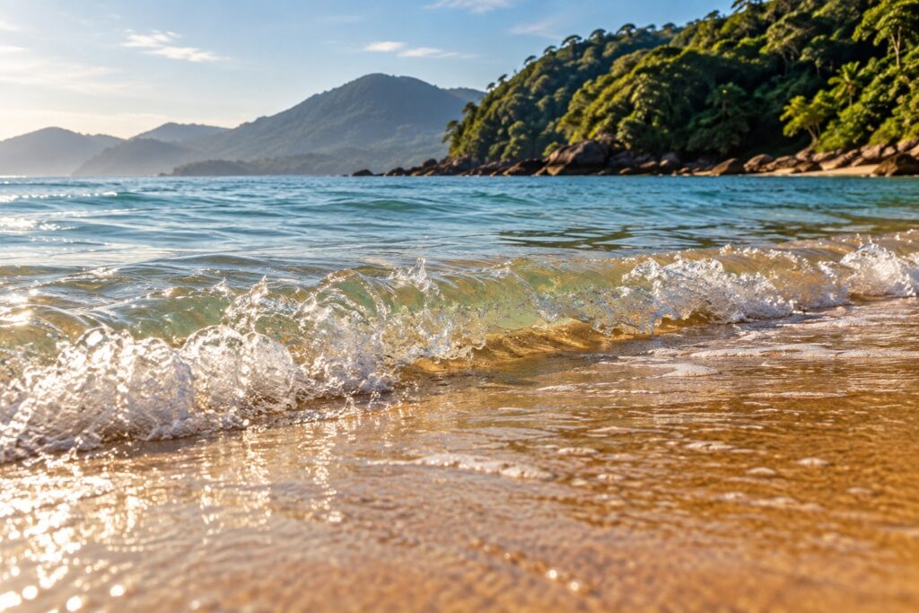 Mar batendo na areia de uma praia de Ubatuba, com costão e morros ao fundo