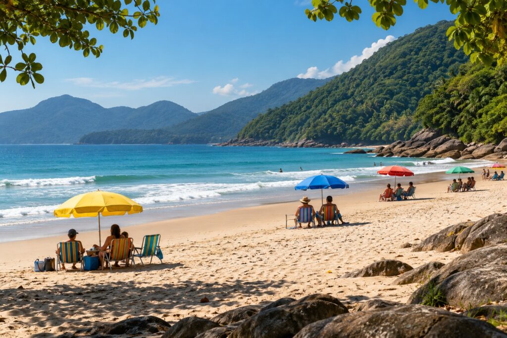 Praia movimentada em Ubatuba com guarda-sóis e cadeiras na areia