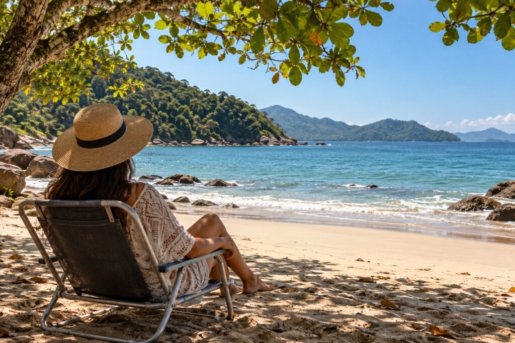 Pessoa sentada na sombra de árvore olhando o mar em praia de Ubatuba