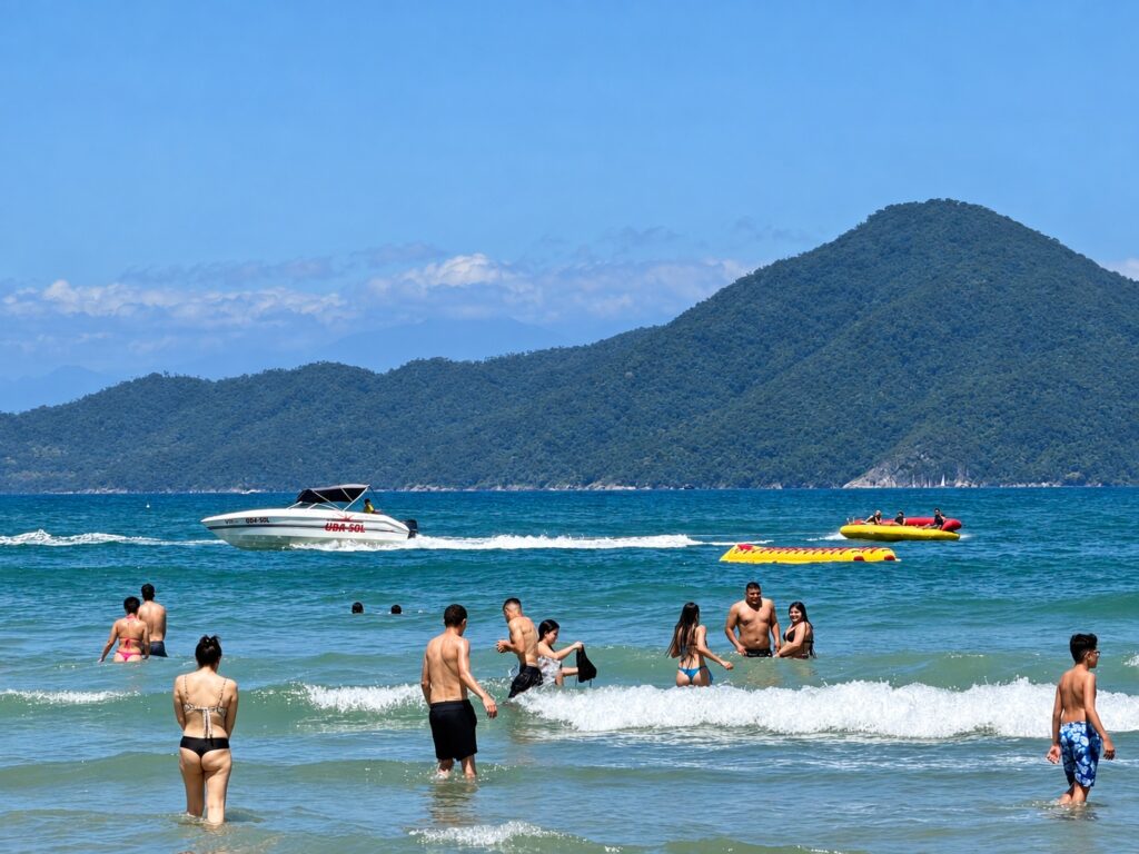 Banhistas no mar com lancha branca e banana boat ao fundo, cercados por montanhas verdes